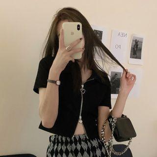 Short-sleeve Heart Zip-up Polo Shirt Black - One Size