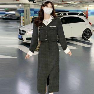 Long-sleeve Contrast Collar Cropped Blazer / Slit Midi Skirt