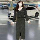 Long-sleeve Contrast Collar Cropped Blazer / Slit Midi Skirt