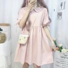 Collared Short-sleeve Mini A-line Dress Pink - One Size