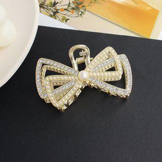 Bow Faux Pearl Rhinestone Hair Clamp 1 Pc - Gold Faux Pearl & Rhinestone - Silver - One Size