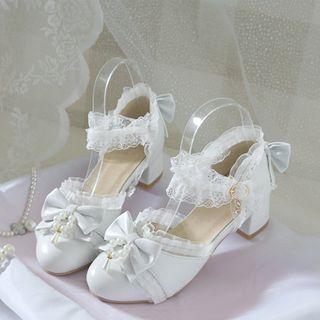 Block Heel Lace Bow Ankle Strap Dorsay Pumps