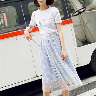Set: Short Sleeve Letter Embroidered T-shirt + Mesh Overlay Midi Skirt