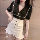 Puff-sleeve V-neck Blouse / High-waist Ruffle Slim-fit Skirt