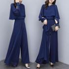 Set: Cutout Long-sleeve Chiffon Blouse + Wide-leg Pants