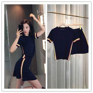 Set: Striped Short-sleeve Knit Top + Knitted A-line Skirt