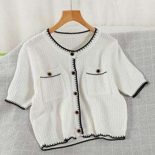 Short-sleeve Contrast Trim Cardigan White - One Size