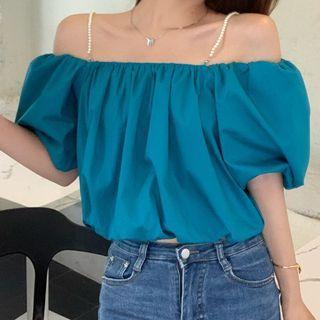 Short-sleeve Beaded Cold-shoulder Blouse