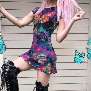 Butterfly Print Ruffle Trim Mini Dress