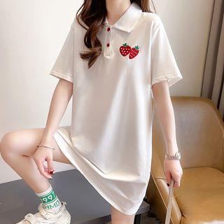 Elbow-sleeve Polo Neck Strawberry Mini Dress