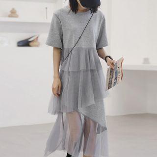 Elbow-sleeve Mesh Paneled Asymmetric A-line Midi Tiered Dress