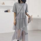 Elbow-sleeve Mesh Paneled Asymmetric A-line Midi Tiered Dress
