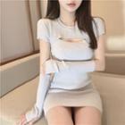 Round-neck Short Sleeve Cutout Ribbed Sheath Mini Dress Beige - One Size