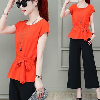 Set: Sleeveless Drawstring Waist Top + Wide-leg Pants