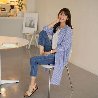 Mandarin-collar Letter Print Long Shirt