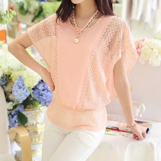 Short-sleeve Lace Trim Chiffon Top