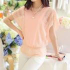 Short-sleeve Lace Trim Chiffon Top