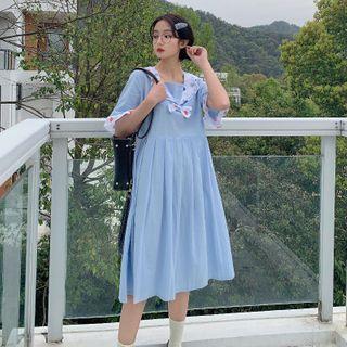 Sailor Collar Elbow-sleeve Pleated A-line Dress Sky Blue - One Size