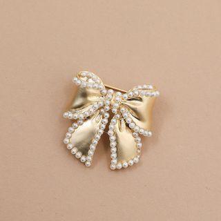 Faux-pearl Ribbon Metallic Brooch Gold - One Size