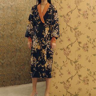 Floral Printed Lantern-sleeve Double-breasted Sheath Dress