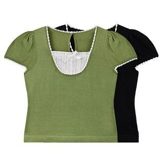 Short-sleeve Bow Detail Contrast Trim Knit Top