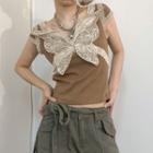 Cap-sleeve Butterfly Accent Lace Trim T-shirt
