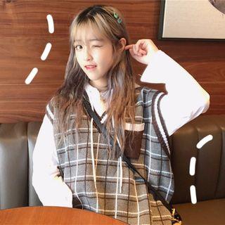 Plaid Pocketed V-neck Vest As Shown In Figure - One Size