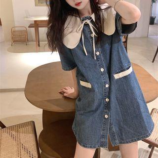Short-sleeve Denim A-line Dress Dress - Blue - One Size