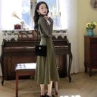 Set: Turtleneck Ribbed Knit Top + Midi A-line Suspender Skirt + Belt
