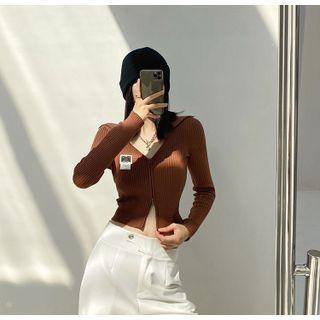 Collared Applique Zip-up Cropped Cardigan
