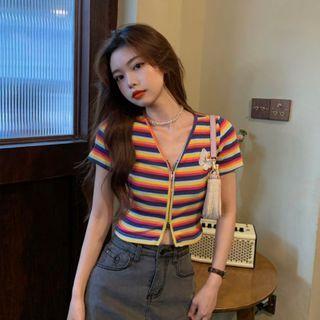 Short Sleeve Zip-up Butterfly Print Striped Cropped Cardigan As Shown In Figure - One Size