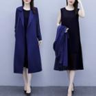 Set: Tie-waist Long Coat + Sleeveless Midi A-line Dress