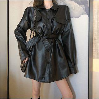 Faux Leather Button Coat Black - One Size