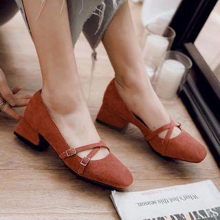Faux Suede Cross Strap Block Heel Mary Junes