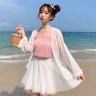 Chiffon Camisole Top / Lace Trim Open Front Jacket / Mesh A-line Skirt