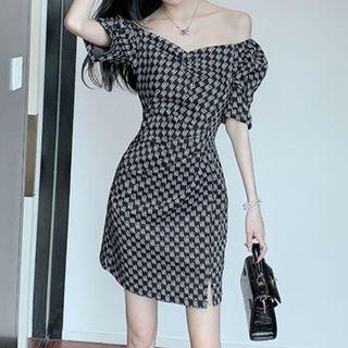 Short-sleeve Plaid Off-shoulder Mini Dress