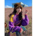 Color-block Loose-fit Sweater Purple - One Size