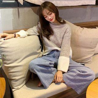 Mock Neck Two Tone Sweater / Knit Wide-leg Pants