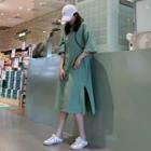 Contrast Trim Side-slit Elbow-sleeve T-shirt Dress