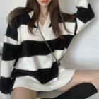 V-neck Striped Knit Sweater Black & White - One Size