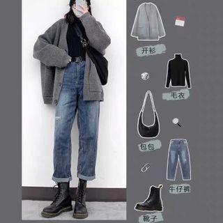Set Of 3: Turtleneck Top + Knit Jacket + Denim Pants