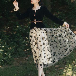 Set: Long-sleeve Top + Floral A-line Skirt