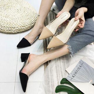 Transparent-panel Pointed Block-heel Mules