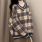 Long-sleeve Turtleneck Top / Plaid V-neck Sweater