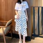 Lettering Short-sleeve T-shirt / Dotted Layered Midi A-line Skirt