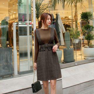 Set: T-shirt + Belted Plaid Suspender Dress