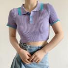 Short-sleeve Polo Knit Top Purple - One Size