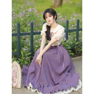 Set: Short-sleeve Bow Ruffled Blouse + Midi A-line Skirt