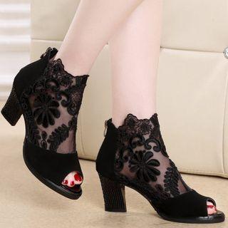Mesh Peep-toe Chunky Heel Sandals