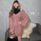 Set: Long-sleeve V-neck Knit Sheath Dress + Mock-neck Tank Top